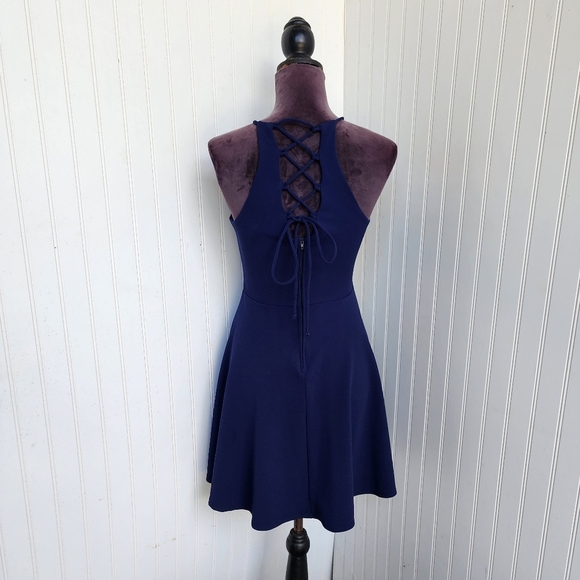 B. Darlin Navy Blue Mini Cocktail Party Dress Lace Back Womens 7/8 Strappy - Picture 1 of 13